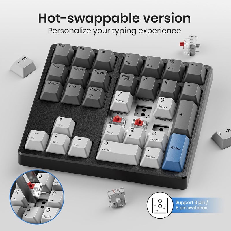 Kisnt Mechanical Number Pad,Hot Swappable Numpad with Gateron Switches,34 Keys Wired USB Keypad White Backlit Numeric Keypad with PBT Keycaps for Laptop PC Compact Keyboards(Red Switch) - Image 5